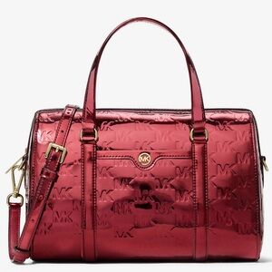 Michael Kors Jet Set Medium Metallic Logo Debossed Satchel Bag Cherry